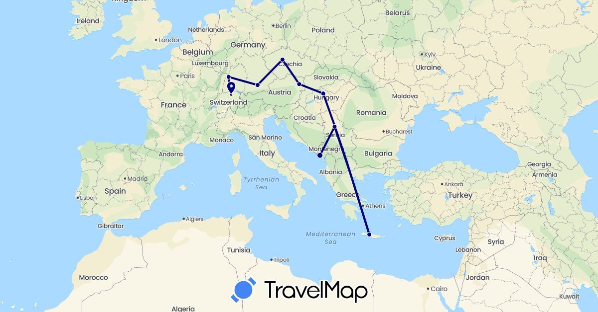 TravelMap itinerary: driving in Austria, Switzerland, Czech Republic, Germany, Greece, Hungary, Montenegro, Serbia (Europe)