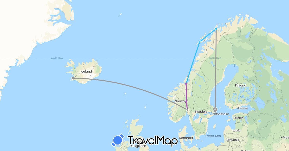 TravelMap itinerary: driving, plane, train, boat in Iceland, Norway, Sweden (Europe)